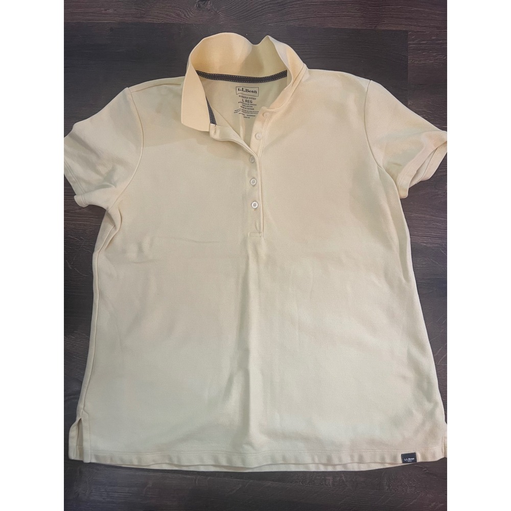 LL Bean Womens Slightly Fitted Polo Shirt Pale Yellow Cotton Pique L 506314